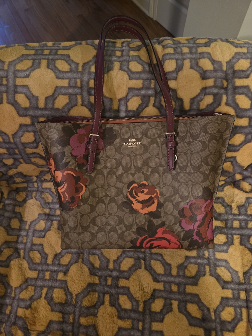 Coach Floral Signature Tote Bag in Brown with Burgundy Accents